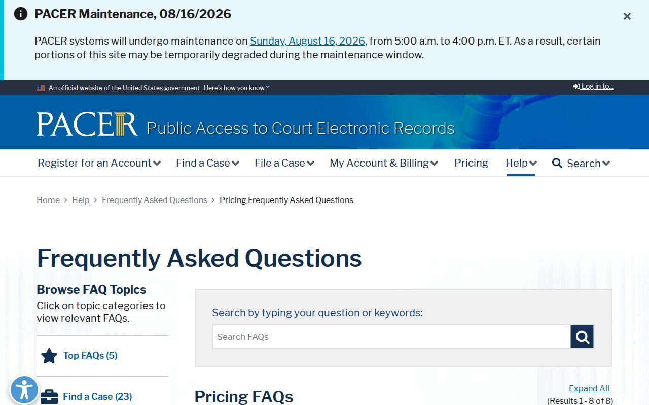 PACER pricing page for federal court dates involving Howard County