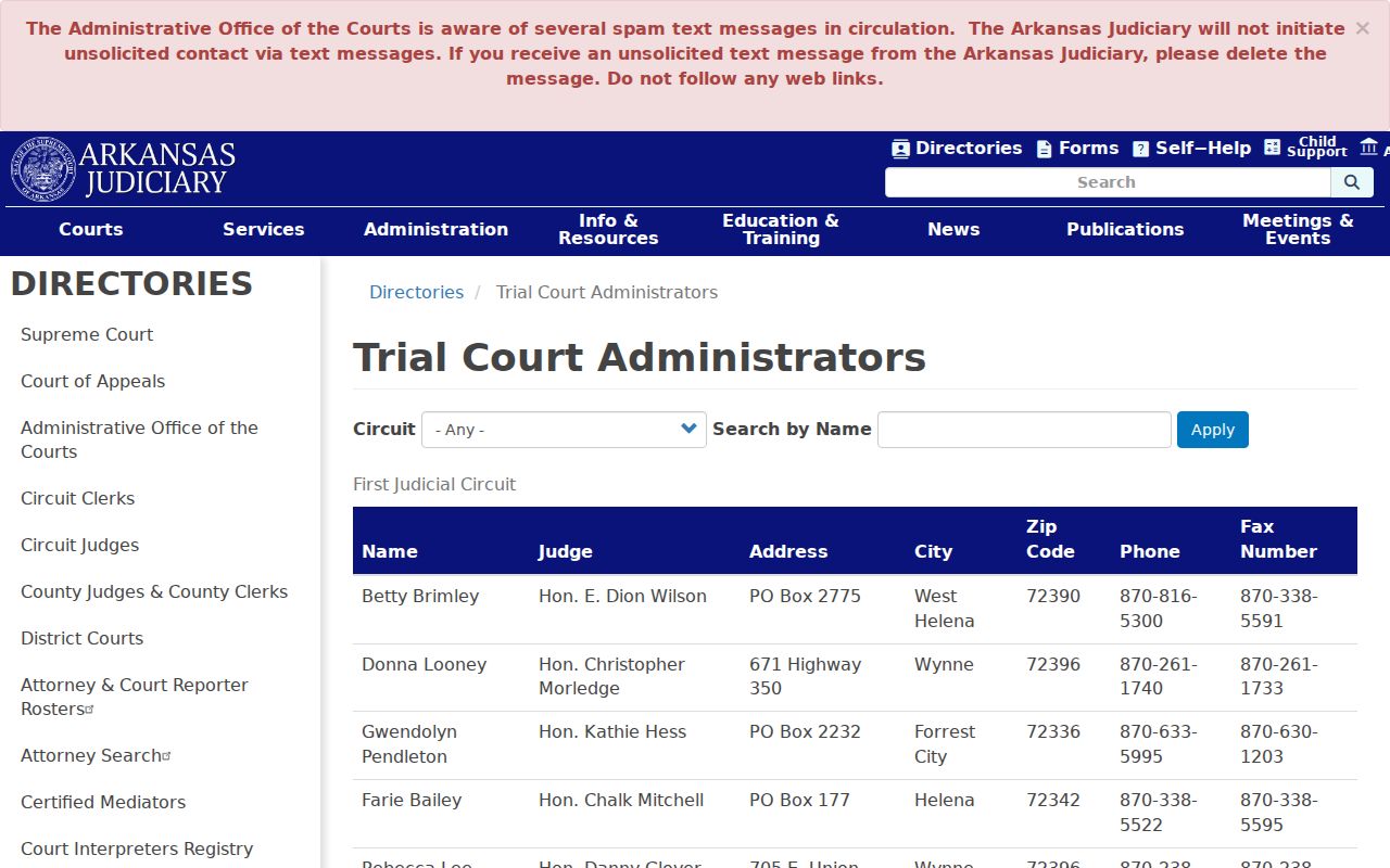 Trial court administrator directory for Howard County court calendar confirmation