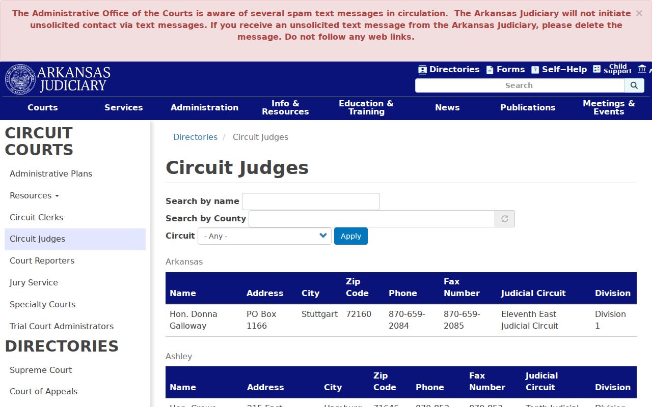 Arkansas Judiciary circuit judge directory for Howard County criminal docket divisions