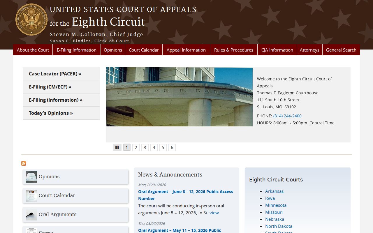 Eighth Circuit docket above federal cases from the Tollette area